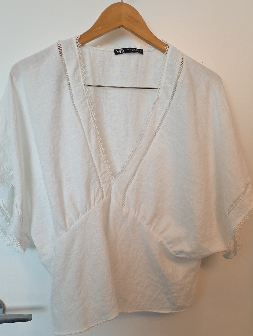 Zara White V-Neck Linen-Blend Peasant Top